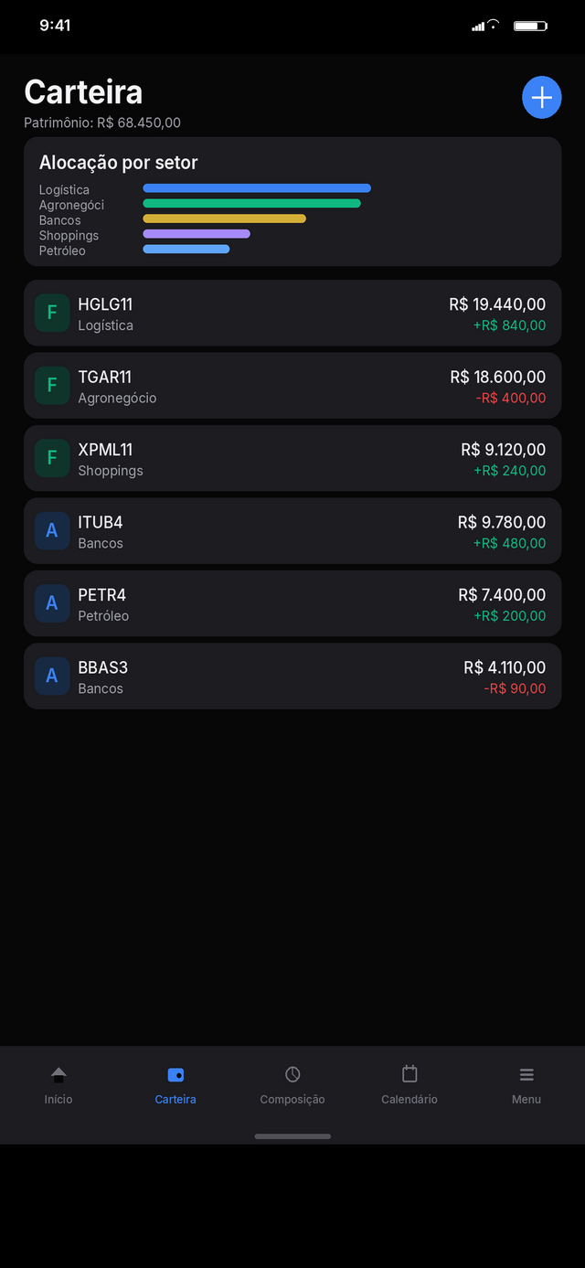 Tela Carteira listando ativos com preço atual e variação