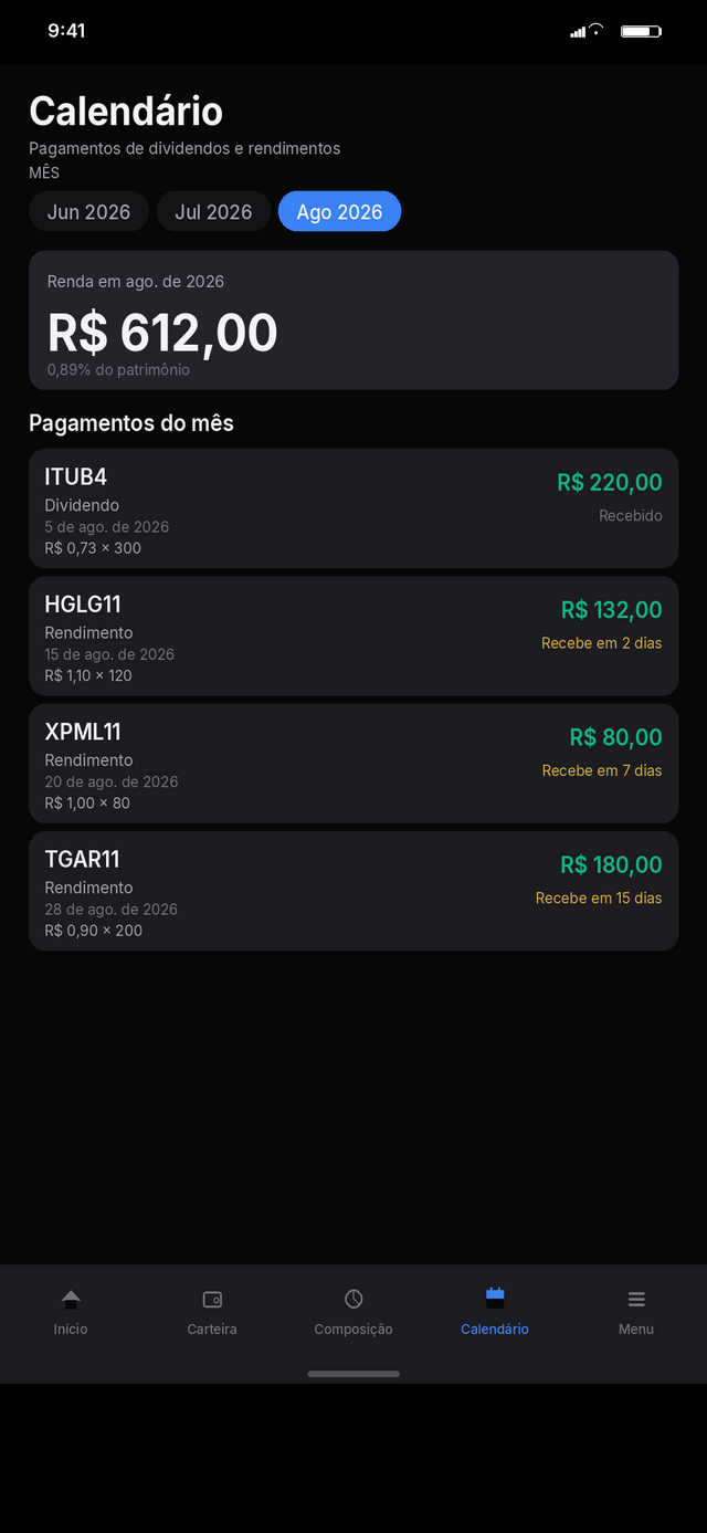Tela Proventos com pagamentos de dividendos do mês