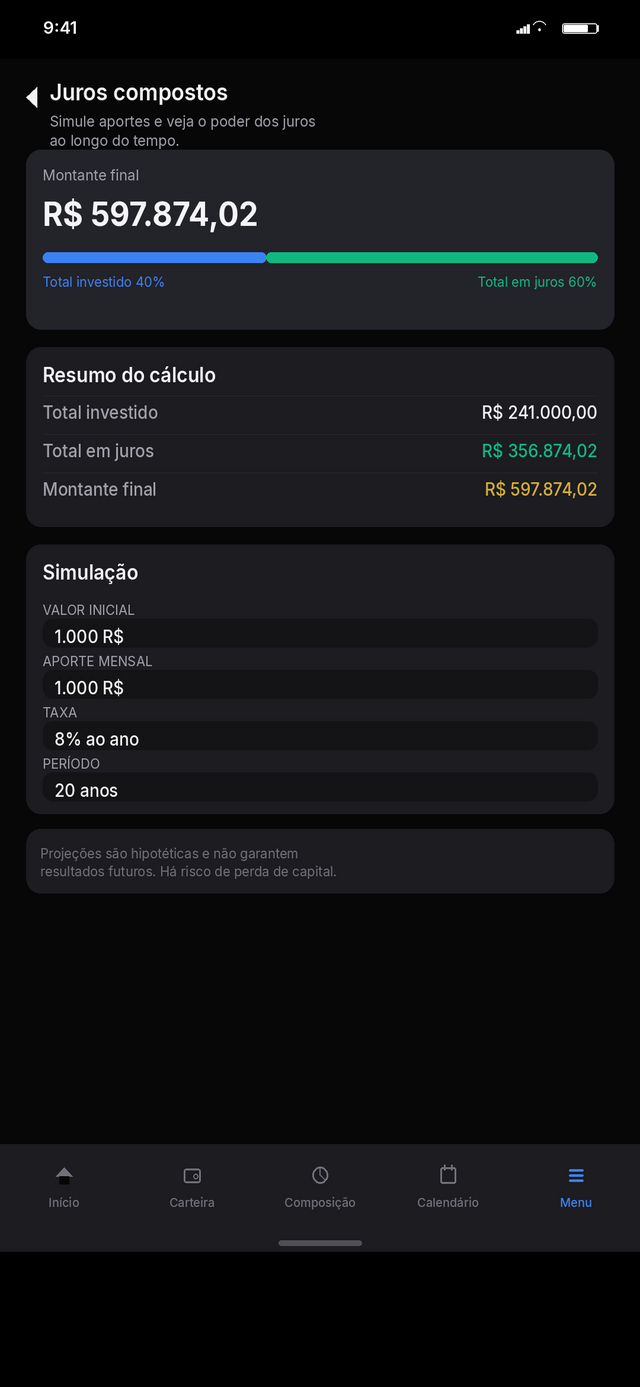 Tela do simulador de juros compostos com montante final projetado