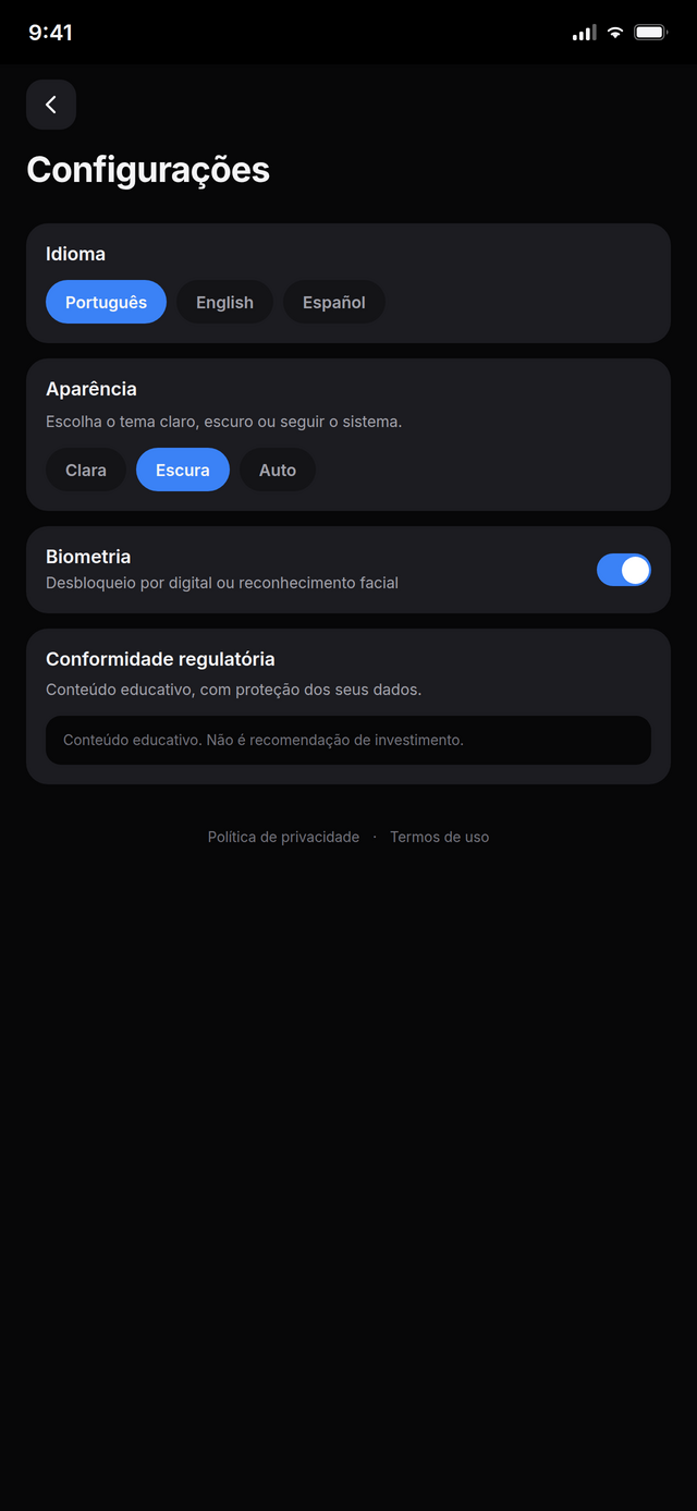 Tela Configurações com idioma, aparência, bloqueio por biometria e os links de política de privacidade e termos de uso