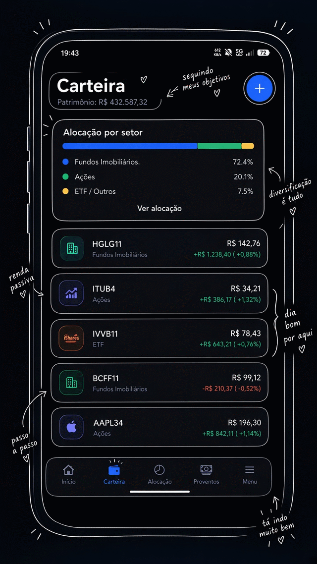 Tela Carteira com a alocação por setor e a lista de ativos HGLG11, ITUB4, IVVB11, BCFF11 e AAPL34, cada um com preço atual e variação do dia
